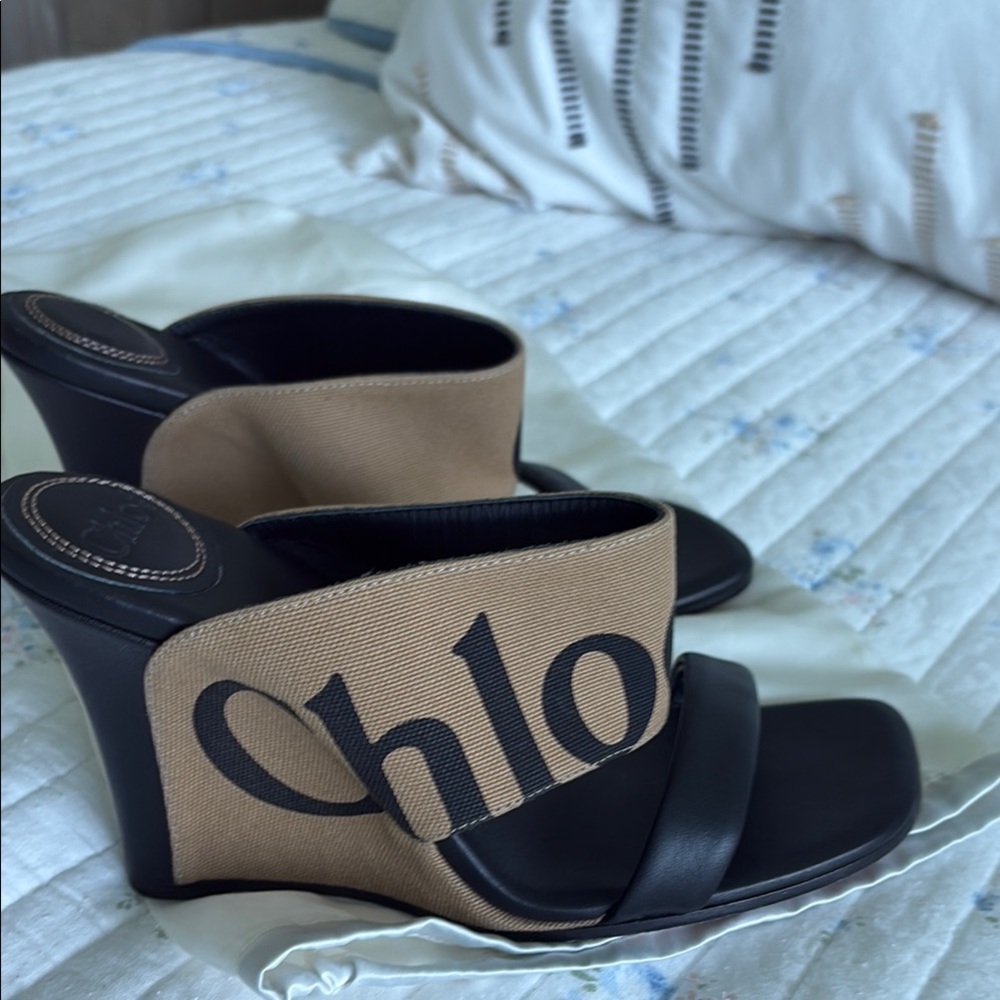 Chloe Black and Tan Wedge Sandals